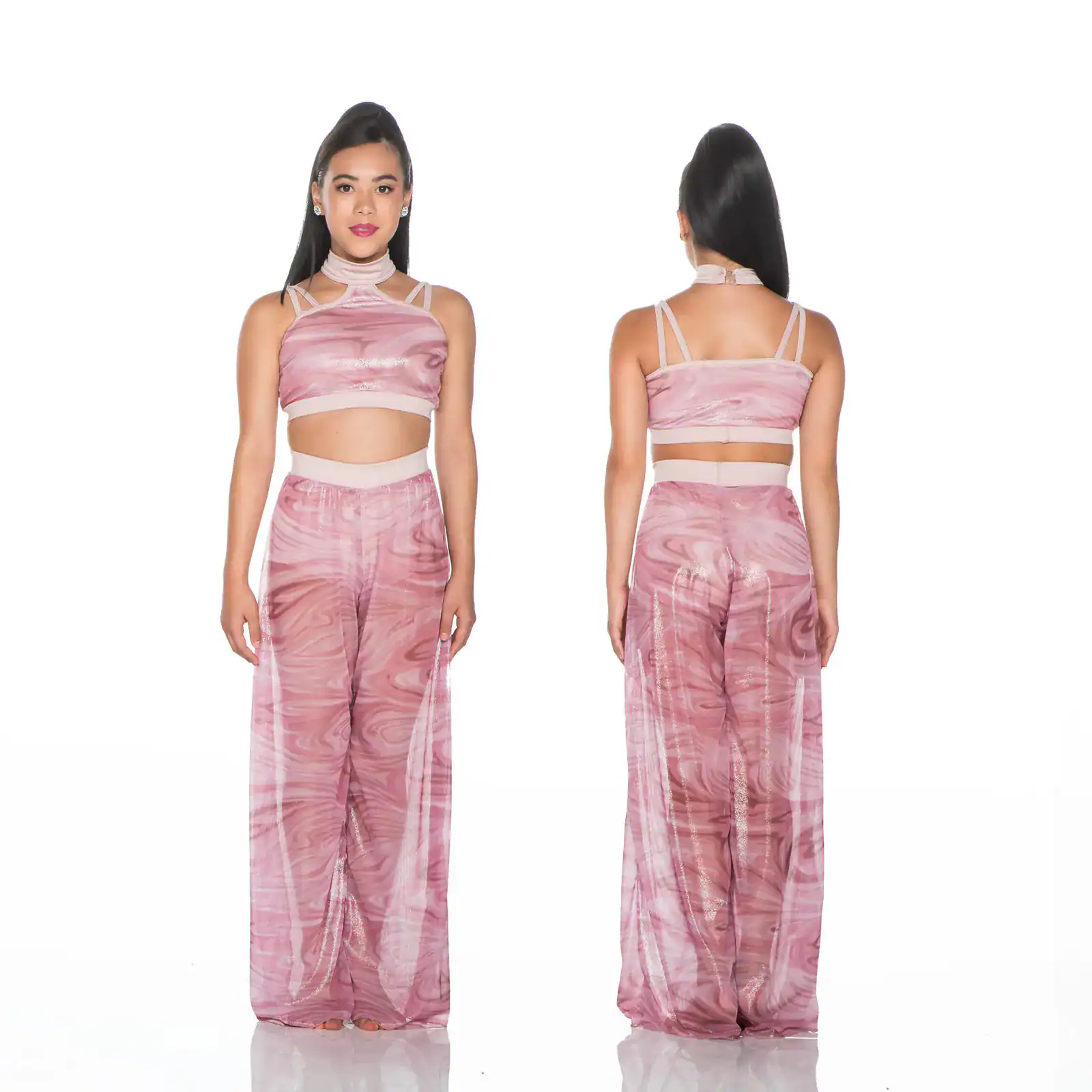Front and back views of pink marbled crop-top outfit