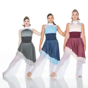 Three young dancers wearing colorful contemporary costumes pose together.