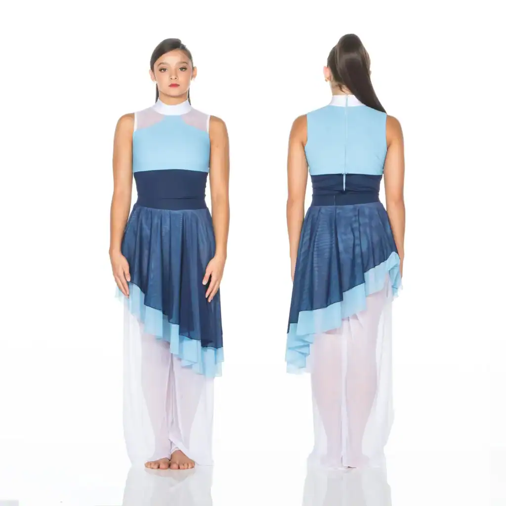 Front and back views of blue lyrical dance costume