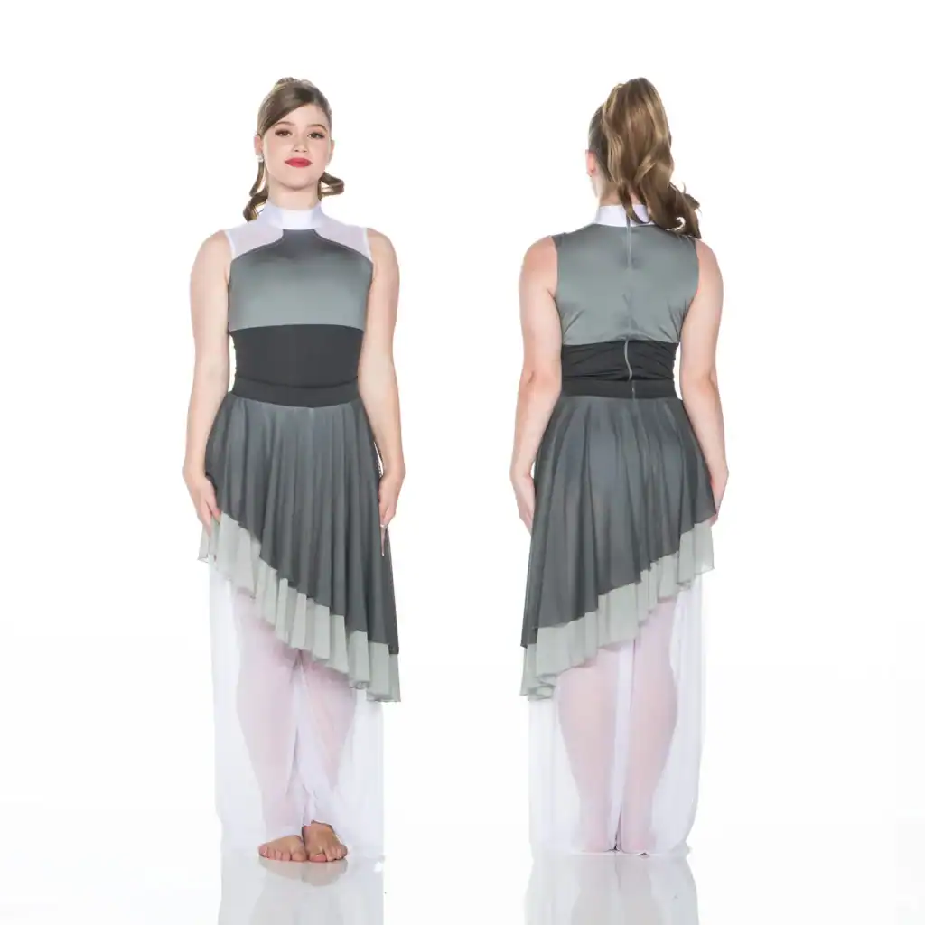 Front and back views of gray asymmetrical dance costume