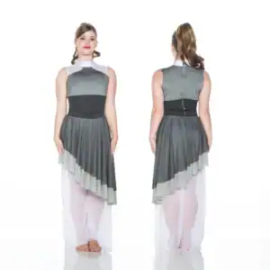 Front and back views of gray asymmetrical dance costume