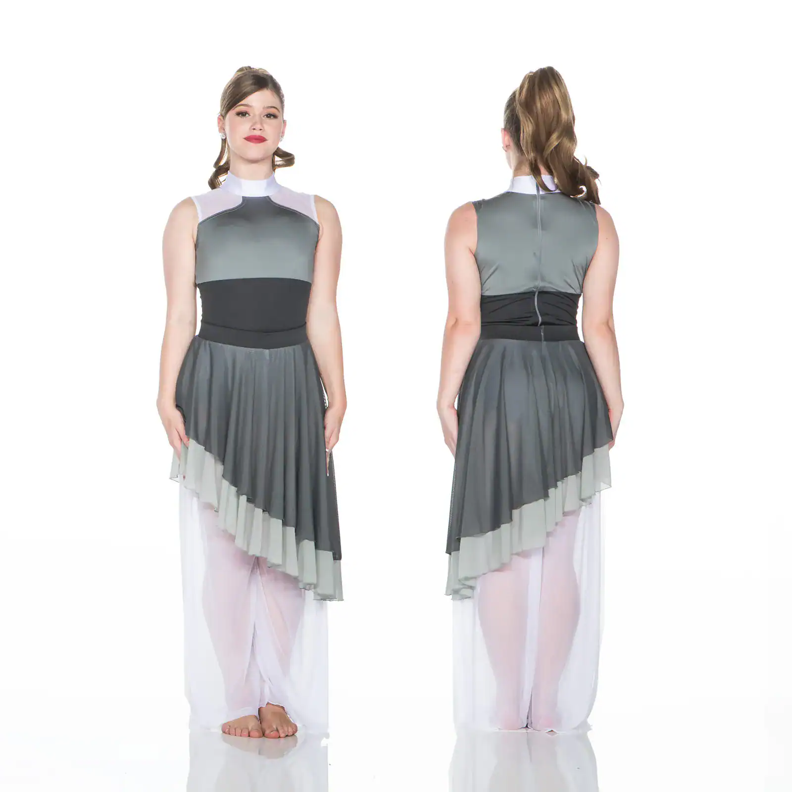 Front and back views of gray asymmetrical dance costume
