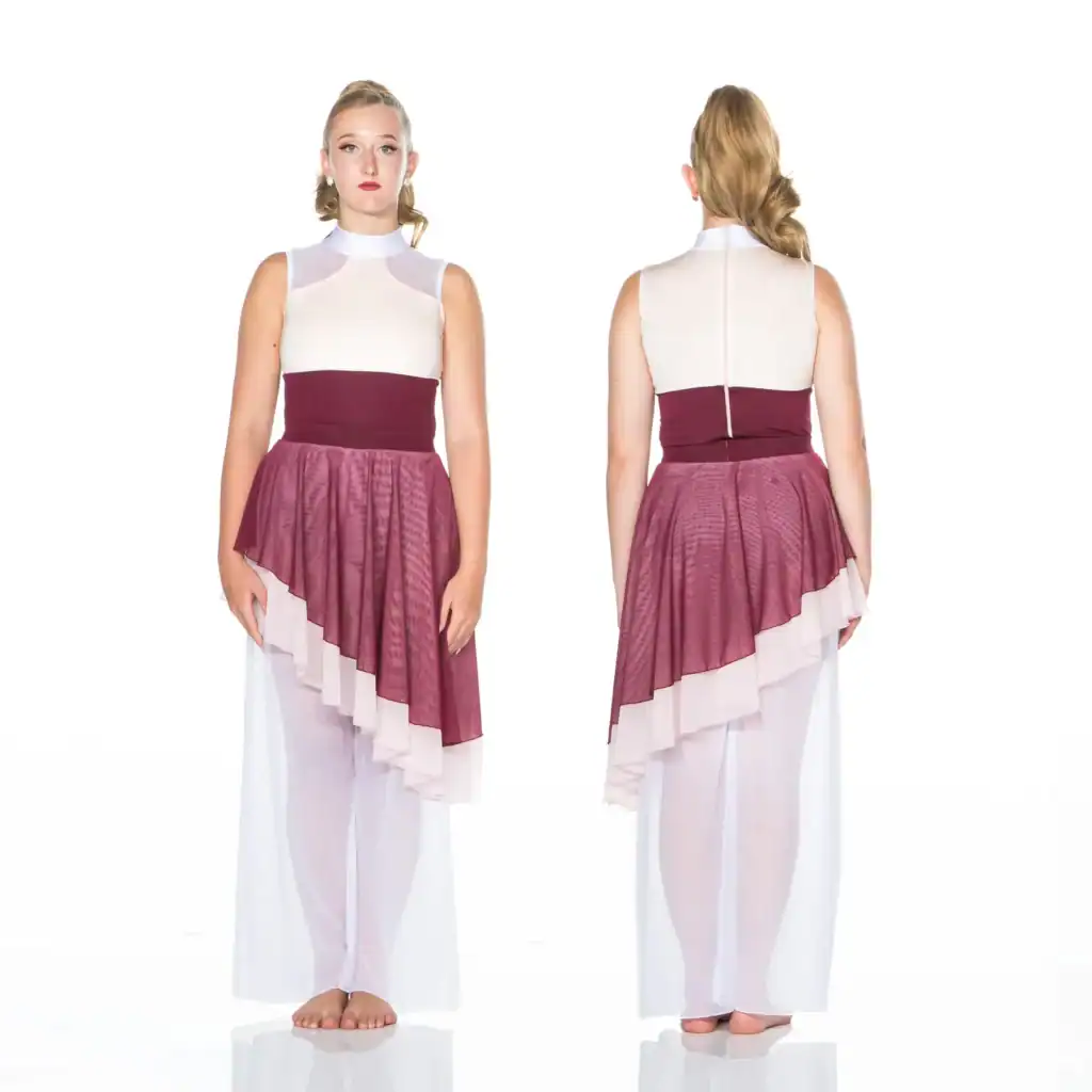 Front and back views of burgundy and white dance costume