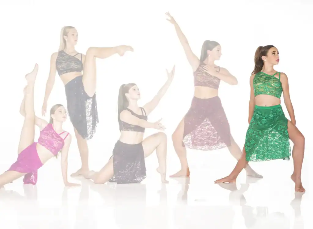Dancers modeling colorful lace dance costumes in various poses