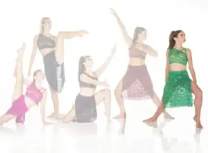 Dancers modeling colorful lace dance costumes in various poses