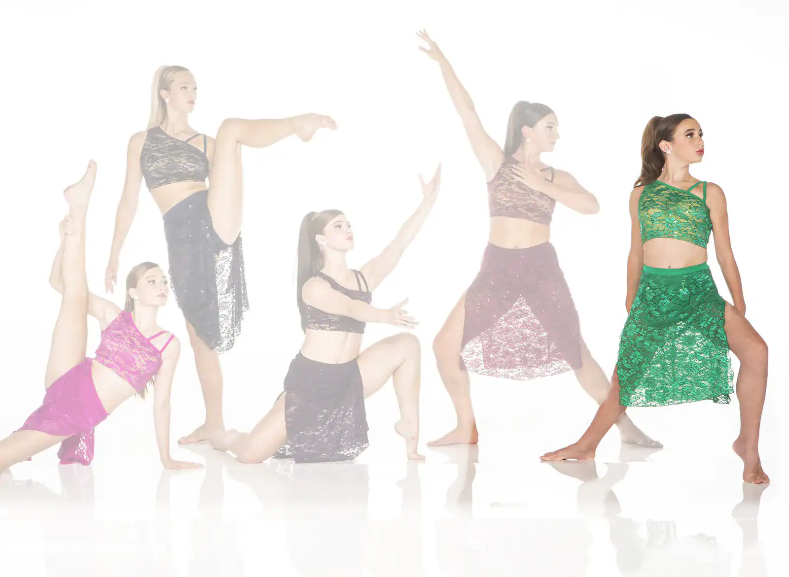 Dancers modeling colorful lace dance costumes in various poses