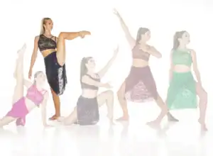 Five dancers in colorful lace costumes pose against white background.