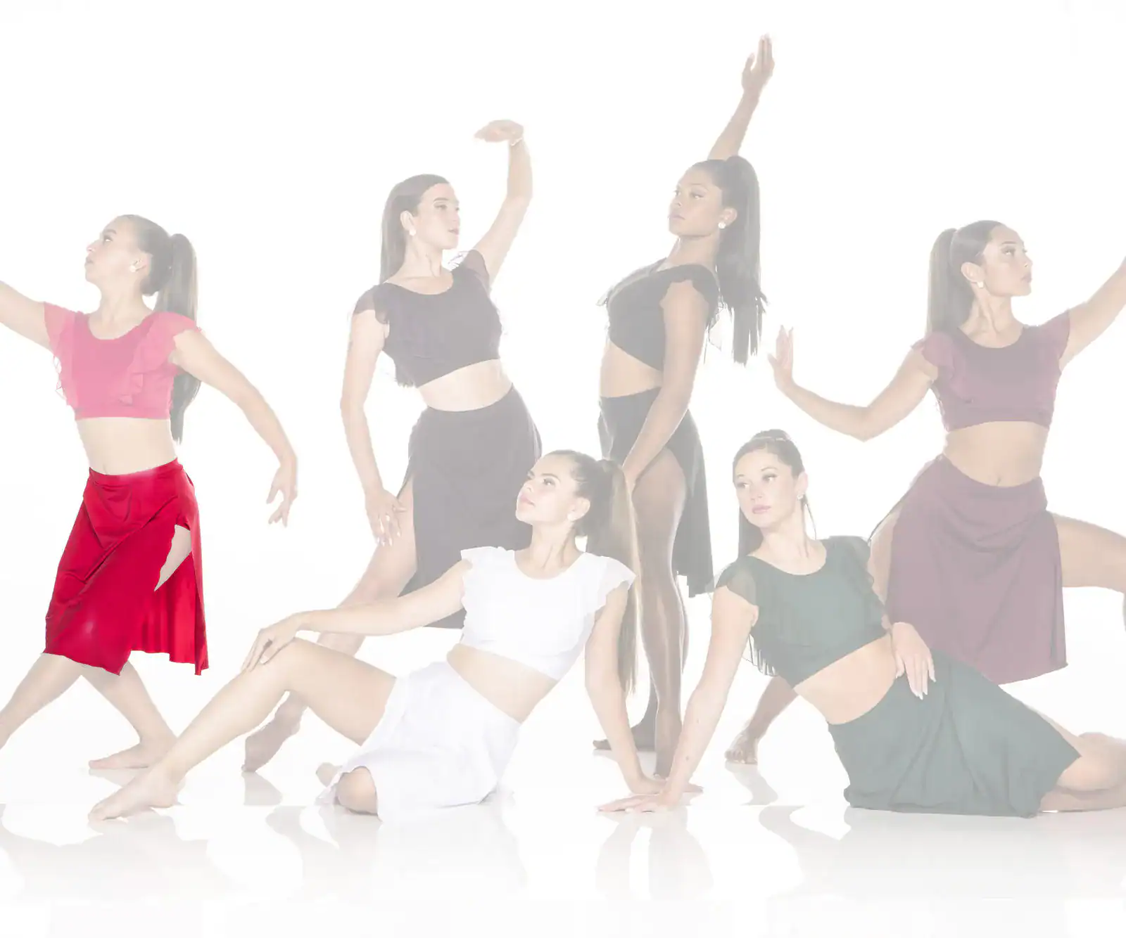 Six female dancers posing in colorful contemporary costumes