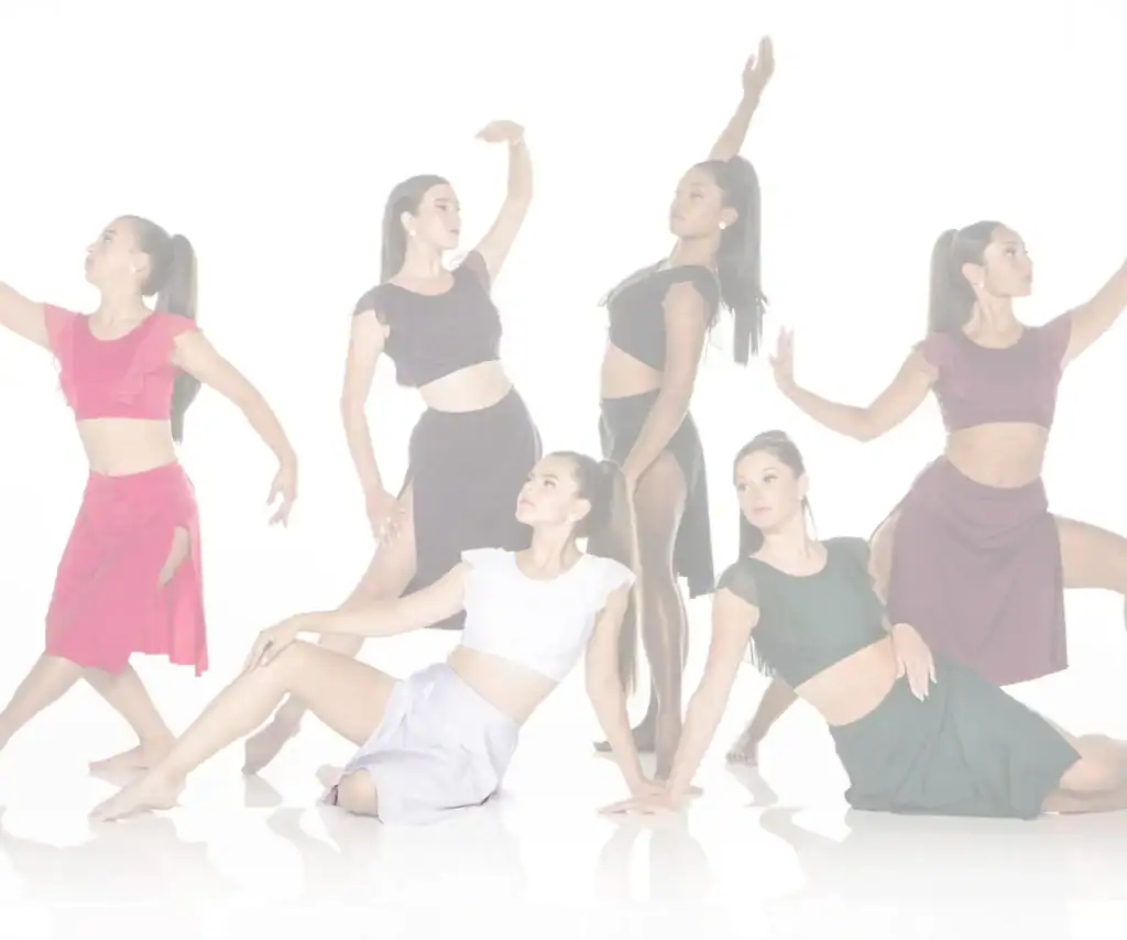 Six dancers posing in colorful outfits against a white background