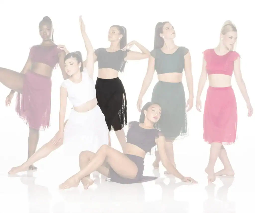 Six dancers pose in colorful two-piece costumes.