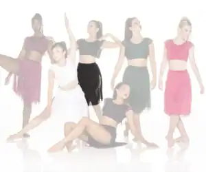 Six dancers pose in colorful two-piece costumes.