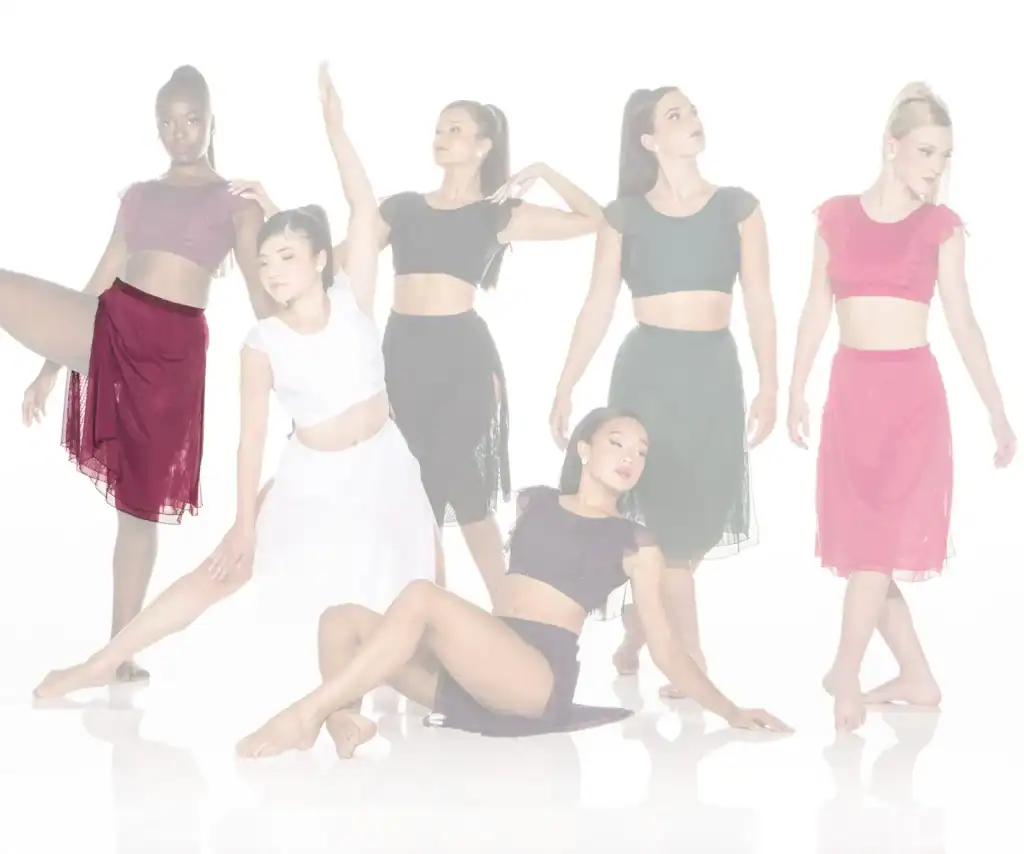 Six dancers pose in colorful flowing costumes against white background.