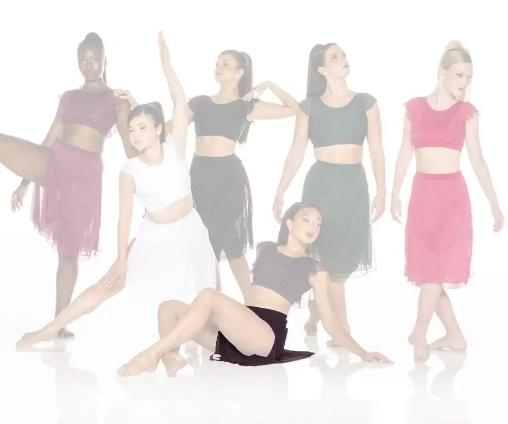 Five dancers posing in colorful costumes against white background