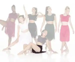 Five dancers posing in colorful costumes against white background