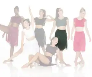 Six dancers pose in colorful costumes against a white backdrop.