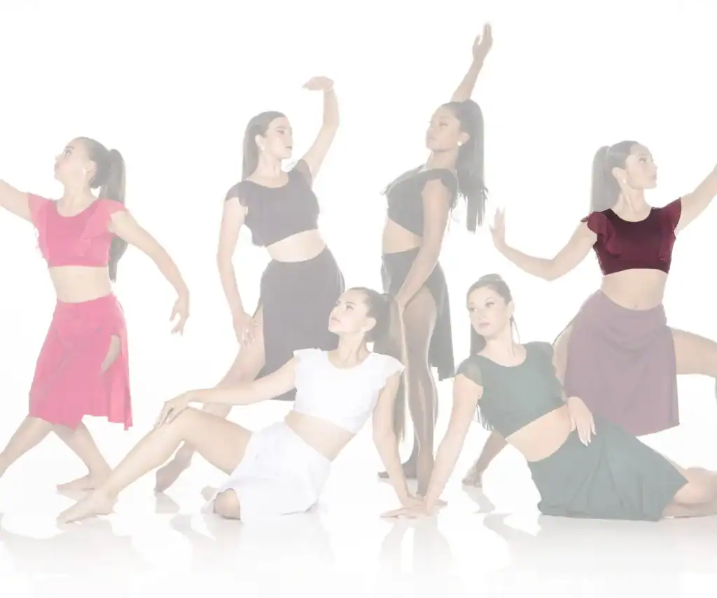 Six dancers pose in colorful outfits against white background.