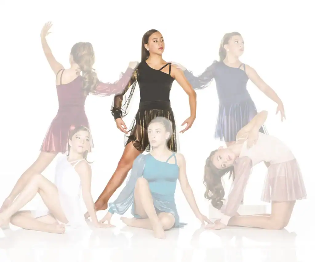Five dancers posing in colorful costumes against white background