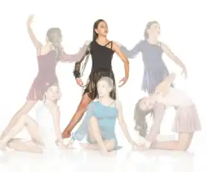 Five dancers posing in colorful costumes against white background