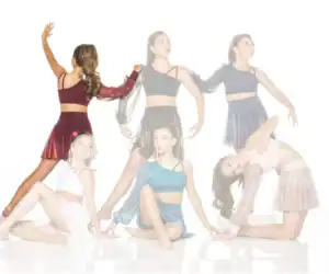Six dancers posing in colorful contemporary dance costumes