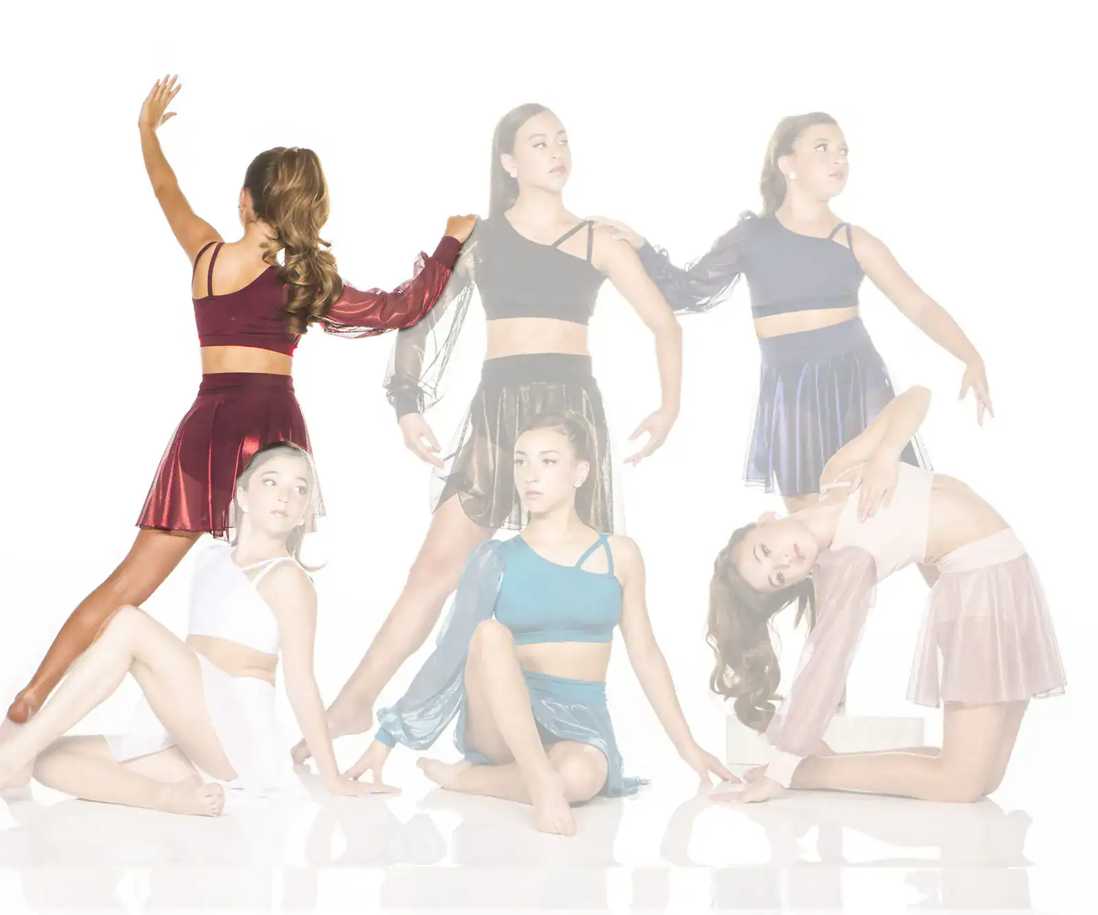 Six dancers posing in colorful contemporary dance costumes