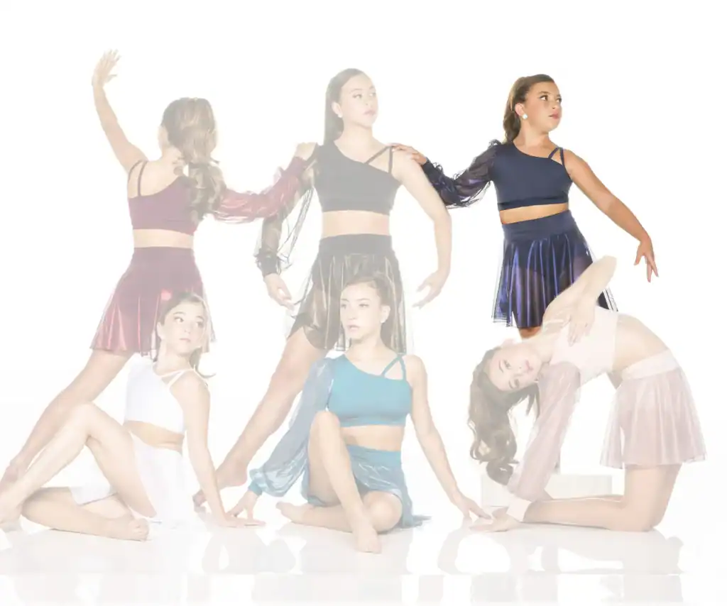 Six young dancers posing in colorful contemporary dance costumes