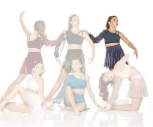 Six young dancers posing in colorful contemporary dance costumes