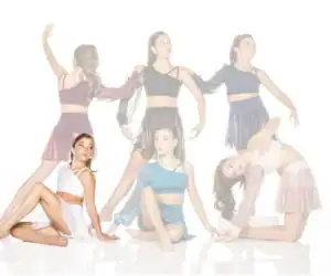 Six young dancers pose in colorful contemporary costumes
