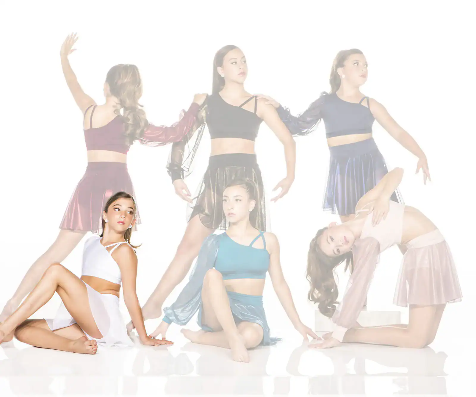 Six young dancers pose in colorful contemporary costumes