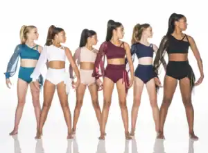 Six dancers model colorful one-sleeve performance outfits.