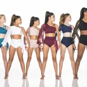 Six dancers model colorful one-sleeve performance outfits.