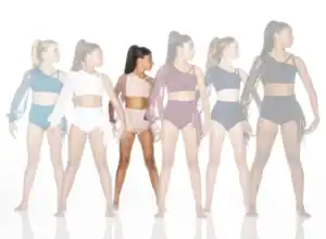Six women model colorful dancewear against a white background.