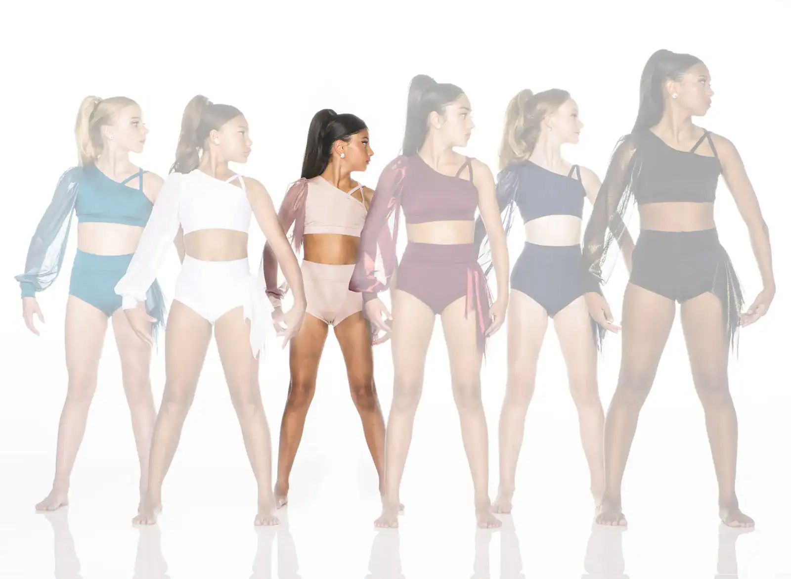 Six women model colorful dancewear against a white background.