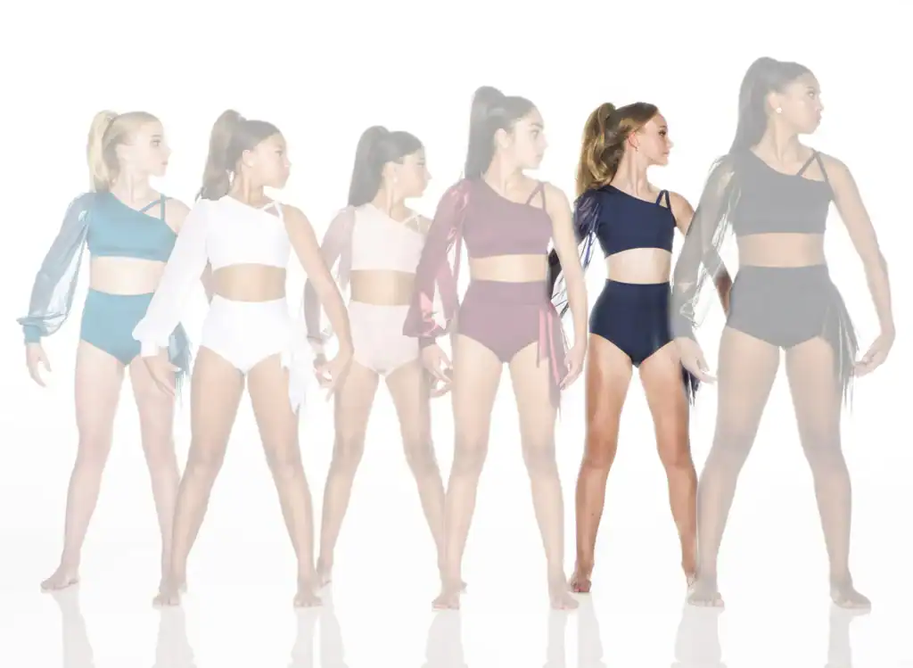 Six dancers model colorful asymmetrical two-piece dance costumes.