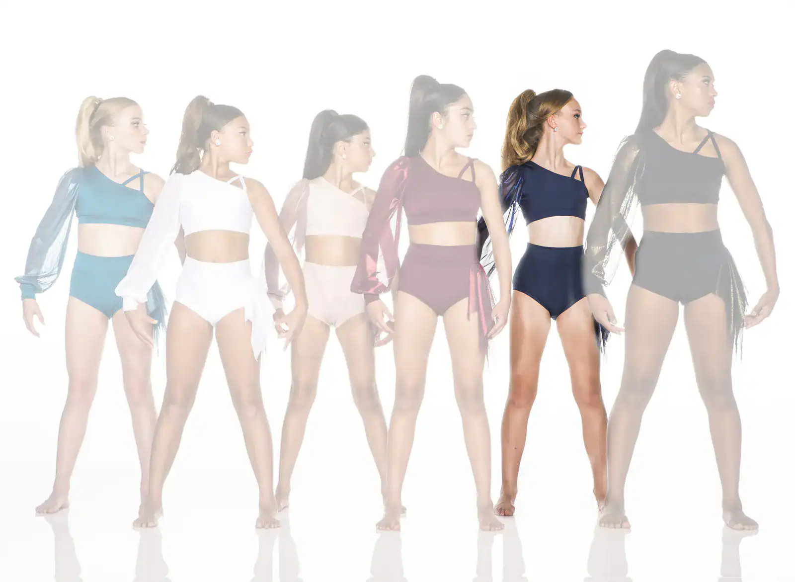 Six dancers model colorful asymmetrical two-piece dance costumes.