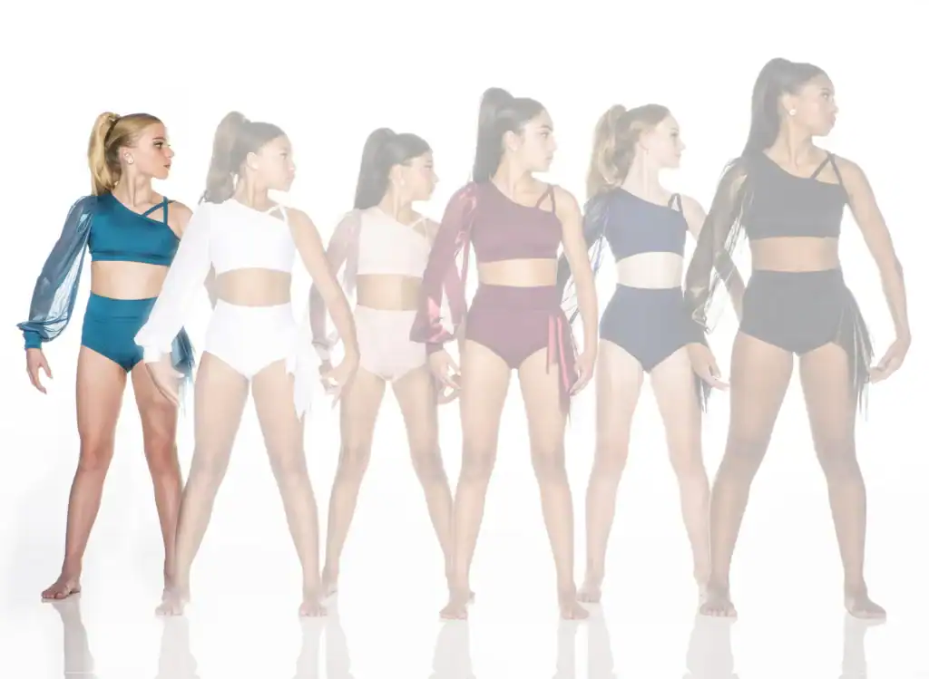Six dancers model colorful one-sleeve dancewear against white background.