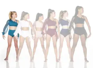 Six dancers model colorful one-sleeve dancewear against white background.