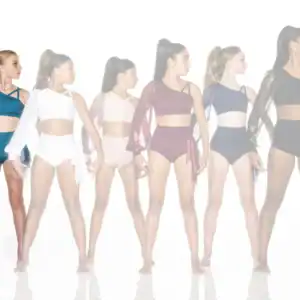 Six dancers model colorful one-sleeve dancewear against white background.