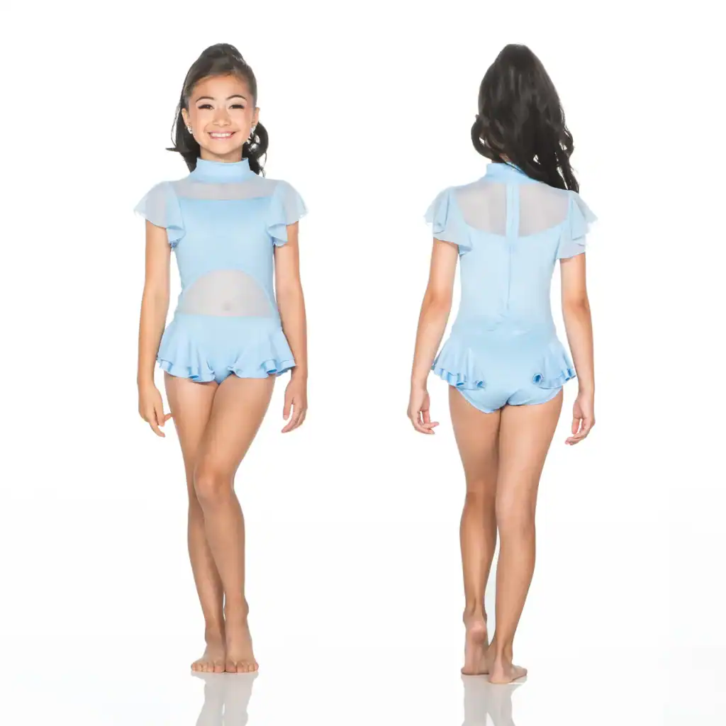 Girl modeling light blue dance leotard, front and back views