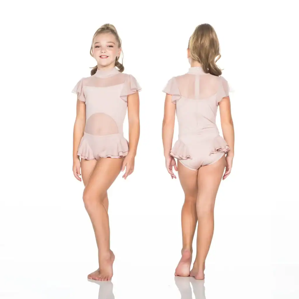 Girl modeling pink flutter-sleeve dance leotard, front and back views