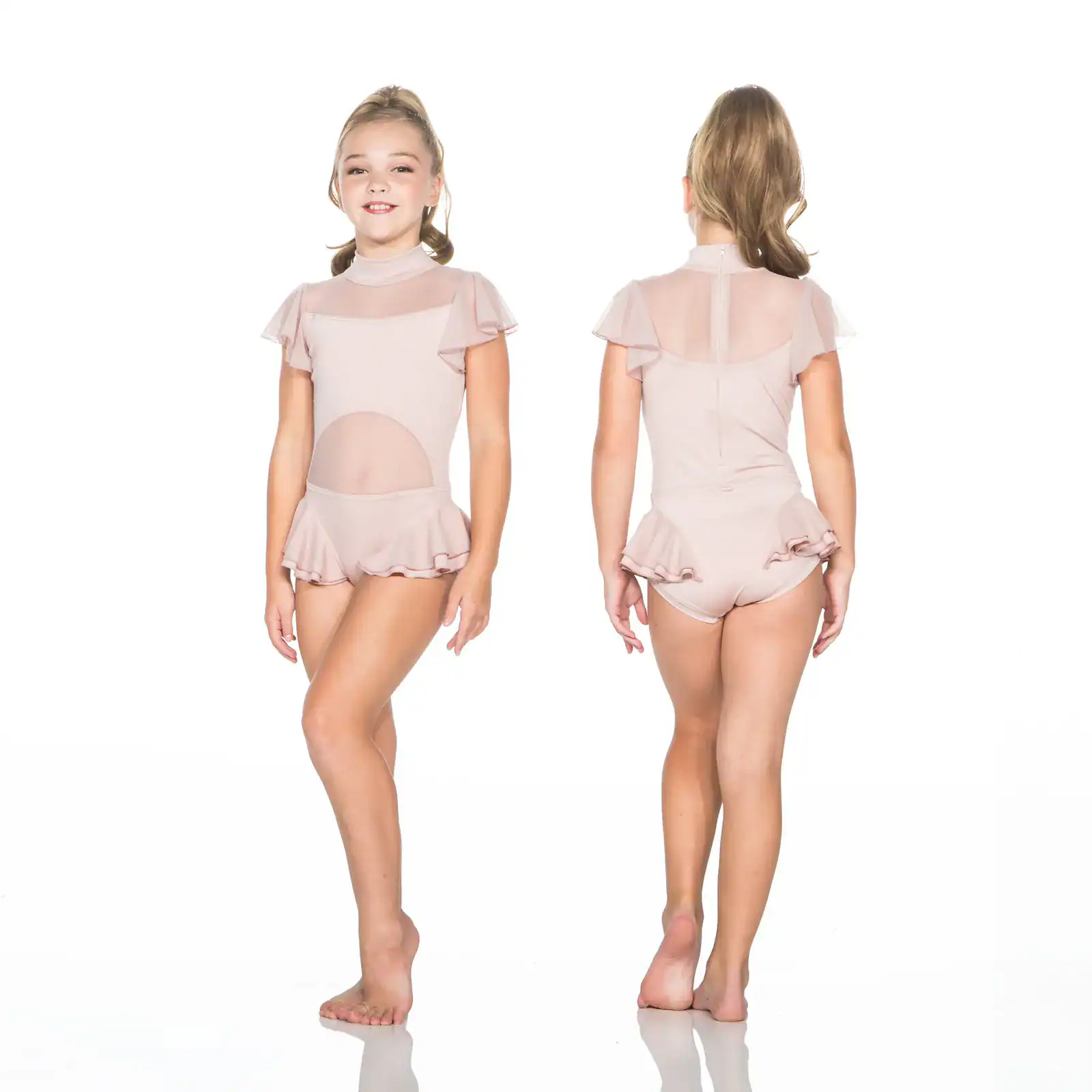 Girl modeling pink flutter-sleeve dance leotard, front and back views