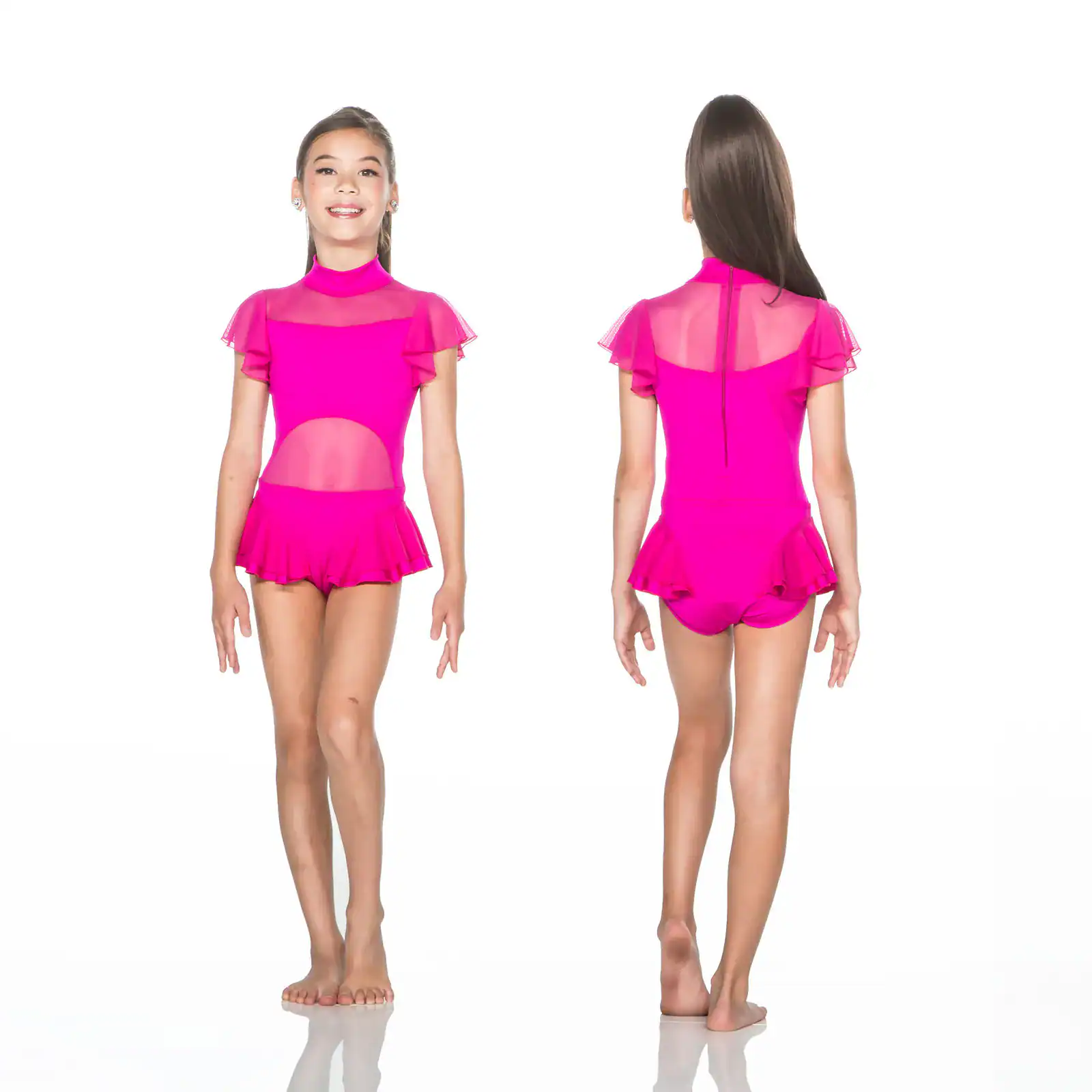 Front and back views of girl in pink dance costume
