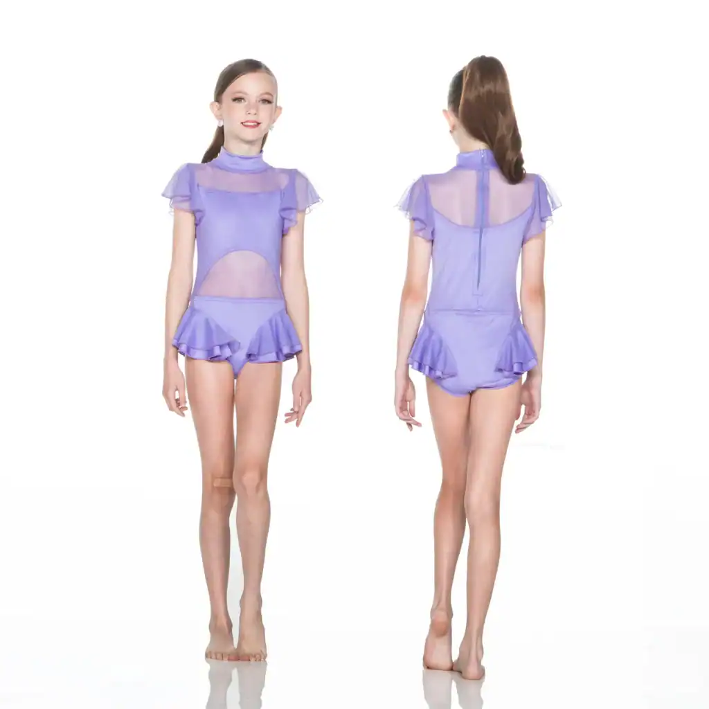 Front and back views of purple ruffled dance leotard