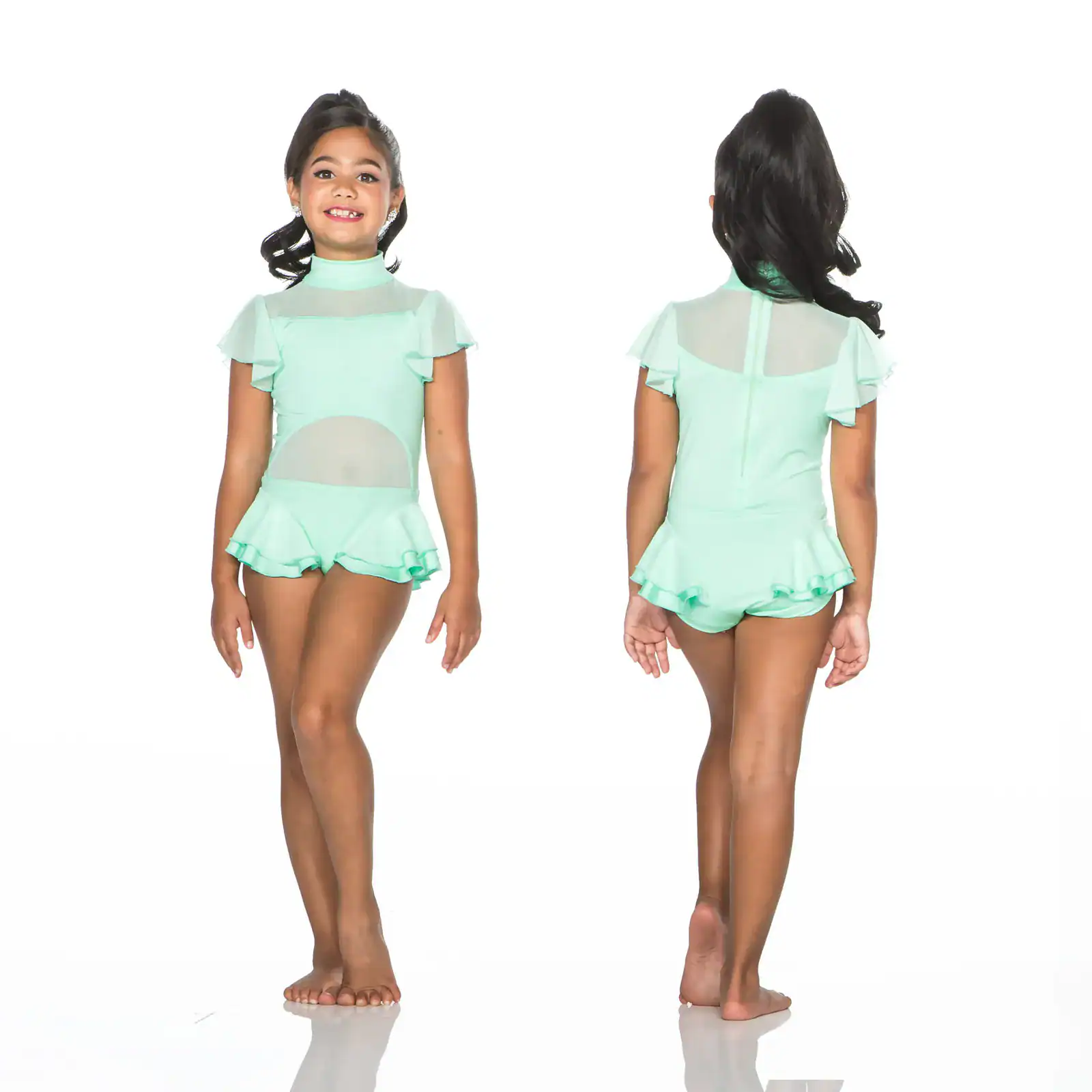 Girl modeling mint green ruffled leotard, front and back views