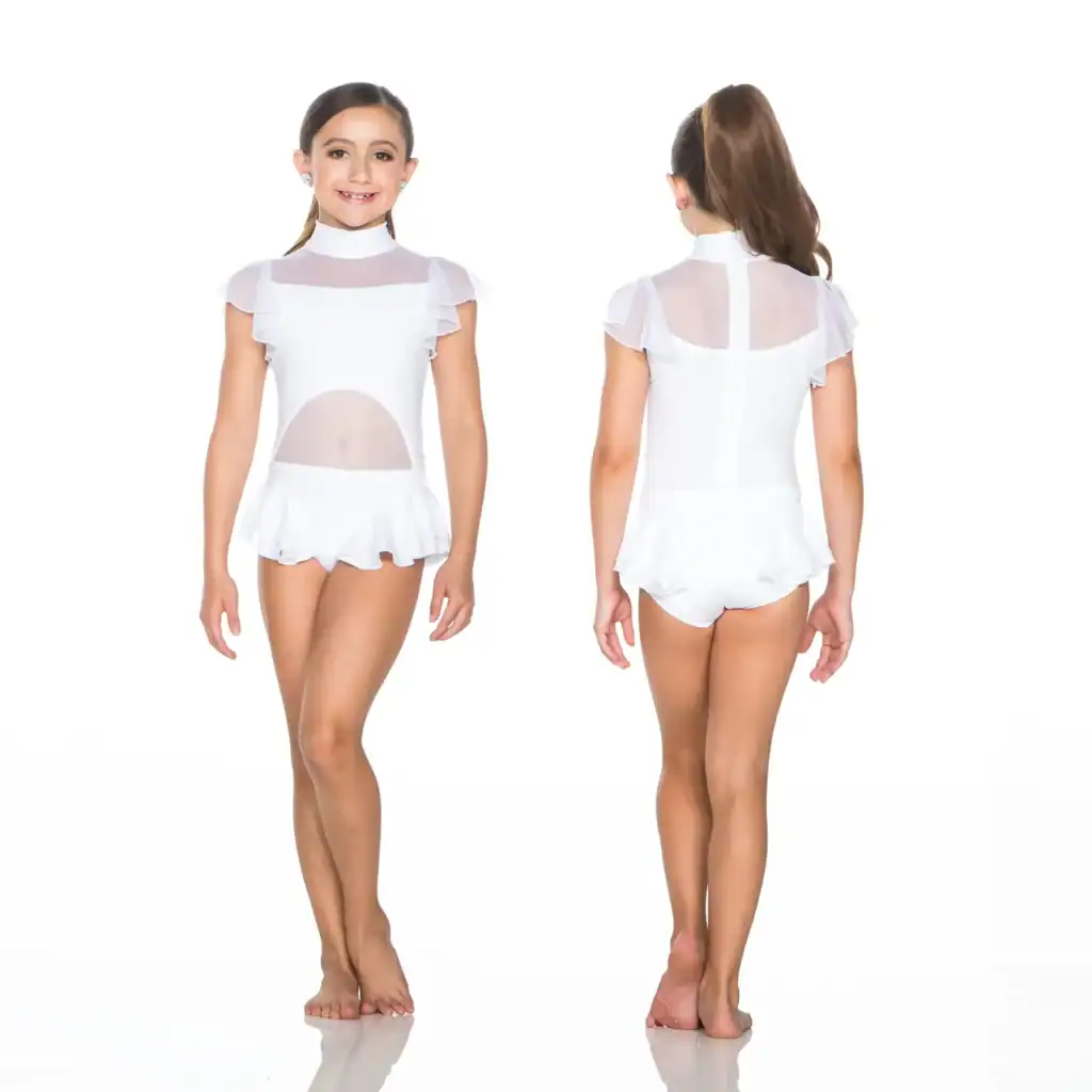 Girl modeling white mesh and ruffled dance leotard, front and back