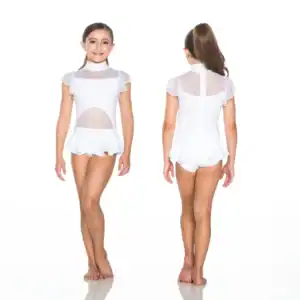 Girl modeling white mesh and ruffled dance leotard, front and back