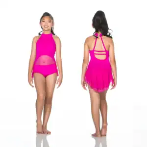 Front and back views of girl in pink dance leotard