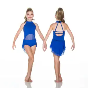Girl modeling blue dance leotard, front and back views
