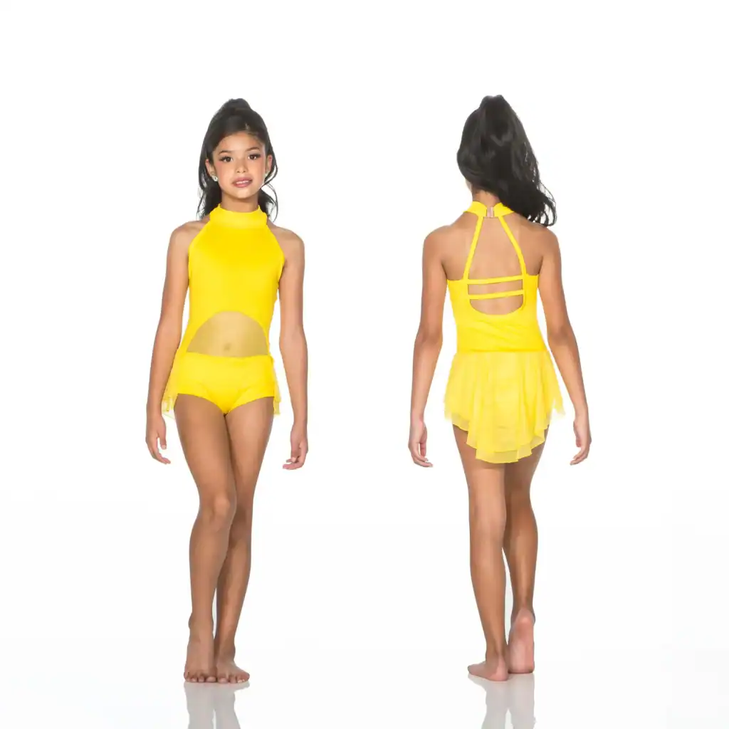 Girl modeling yellow dance leotard, front and back views