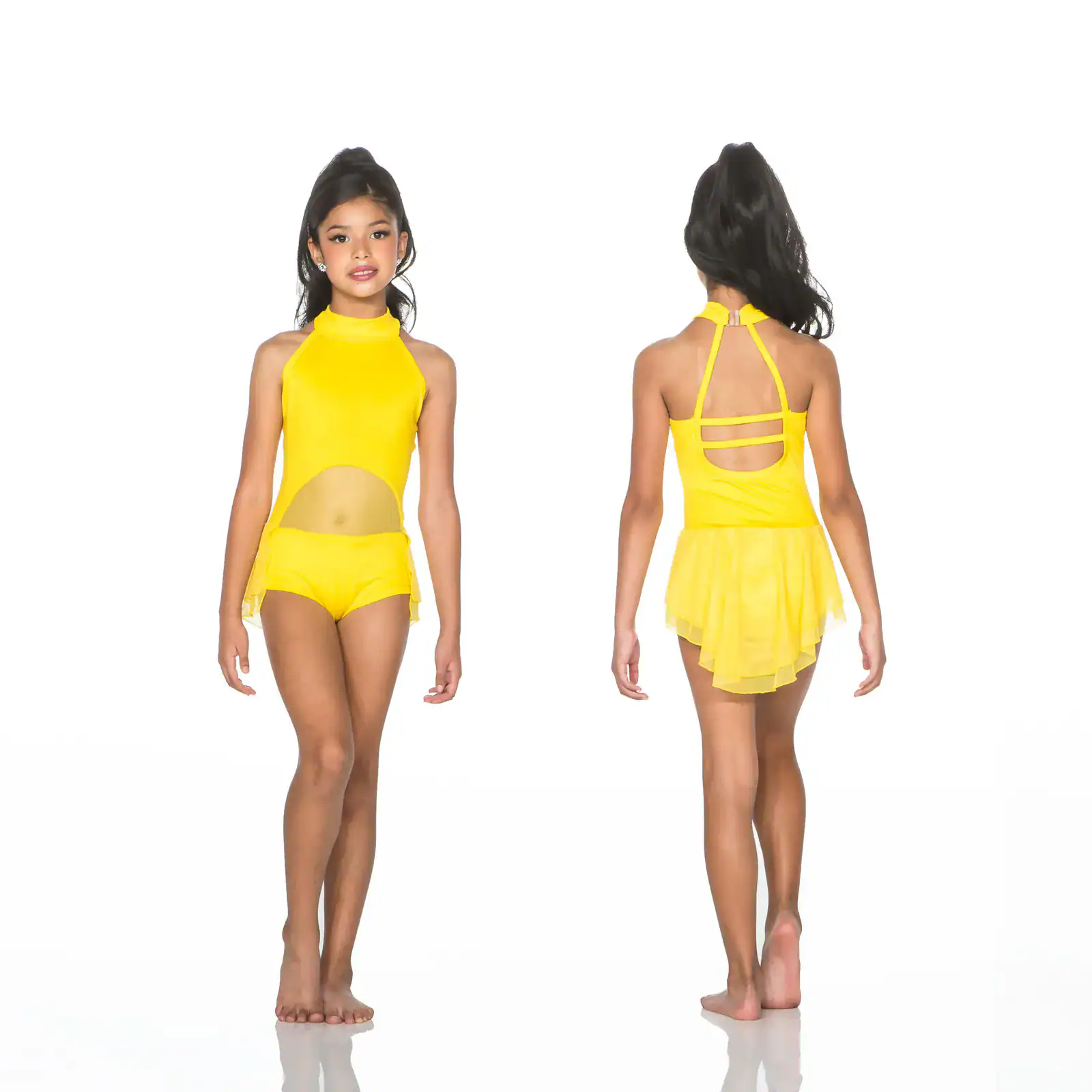 Girl modeling yellow dance leotard, front and back views