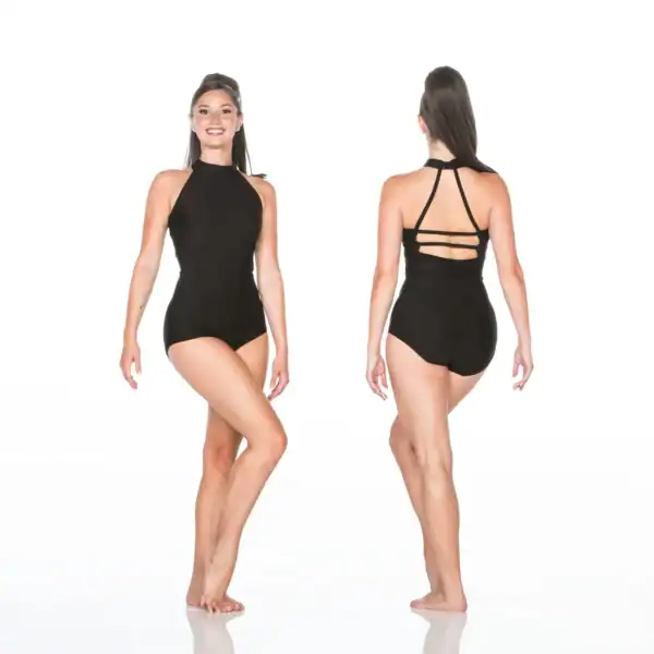 Front and back views of black halter one-piece swimsuit